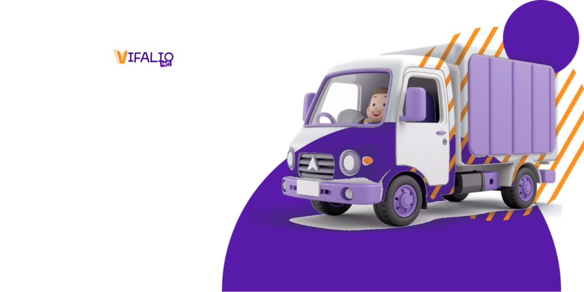 Ilustração de um caminhão baú branco e roxo com o motorista sorrindo