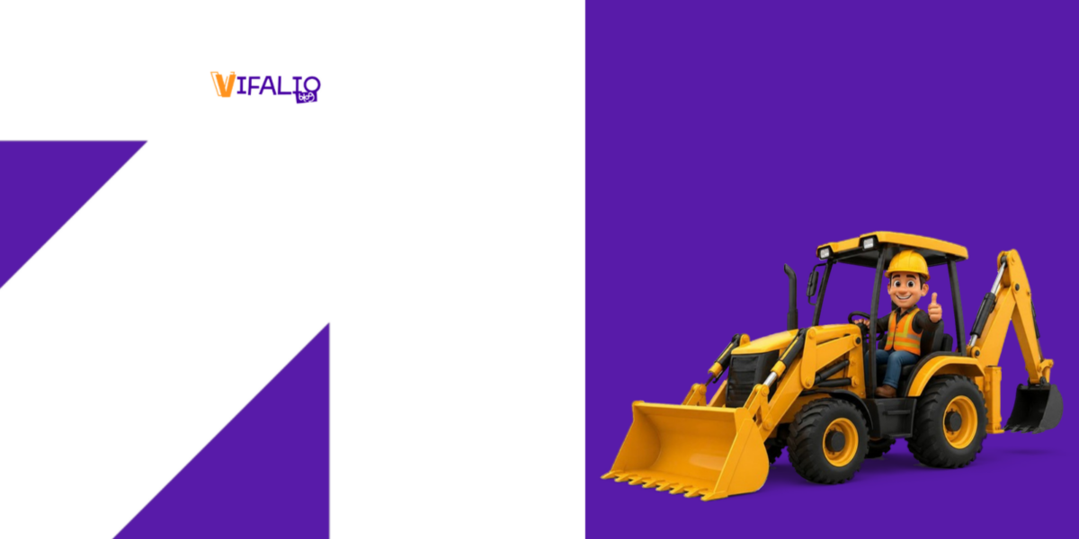 Operador de capacete na cabine de uma retroescavadeira amarela, sobre fundo roxo do Vifalio