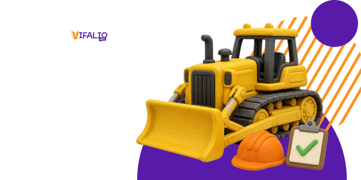 Trator de esteira amarelo com capacete e prancheta de certificação, sobre fundo roxo do Vifalio