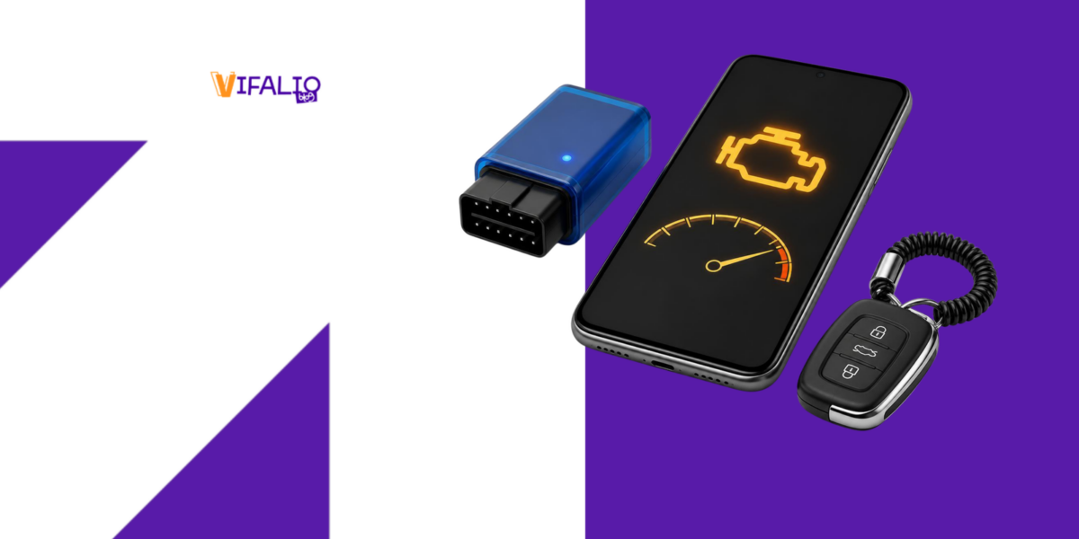 Adaptador OBD2 azul, celular com a luz do motor acesa e a chave do carro