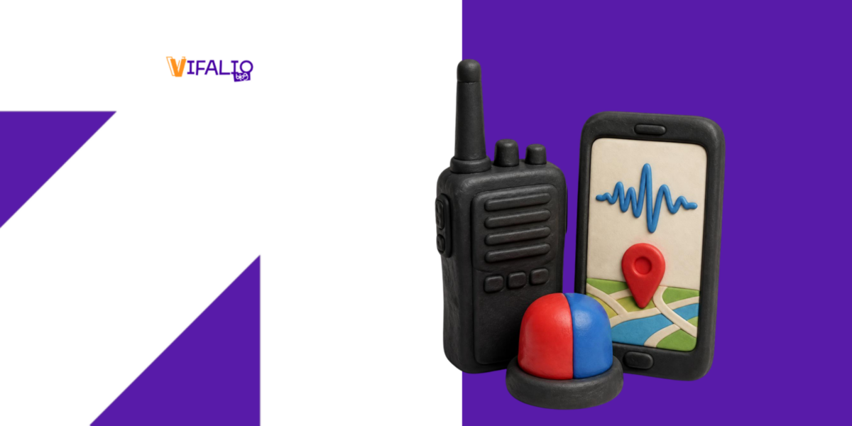 Rádio portátil, celular com onda de som e giroflex, sobre fundo roxo do Vifalio