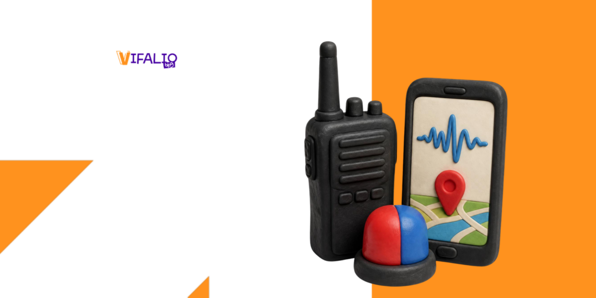Rádio portátil, celular com onda de som e giroflex, sobre fundo laranja do Vifalio