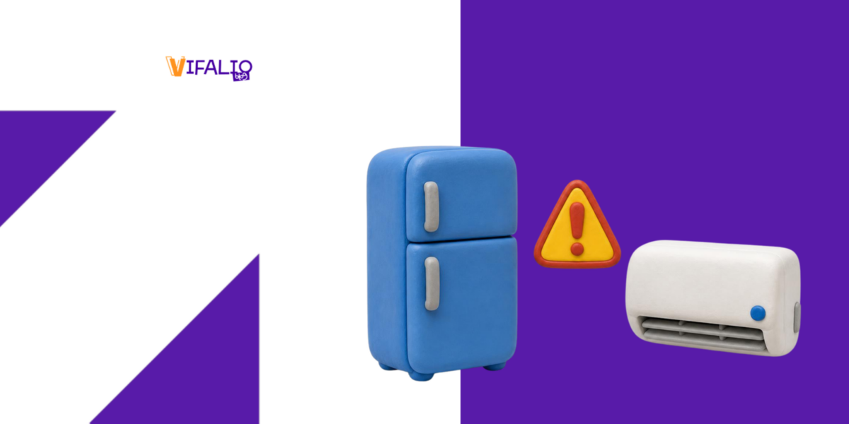 Geladeira, alerta e ar-condicionado, sobre fundo roxo do Vifalio
