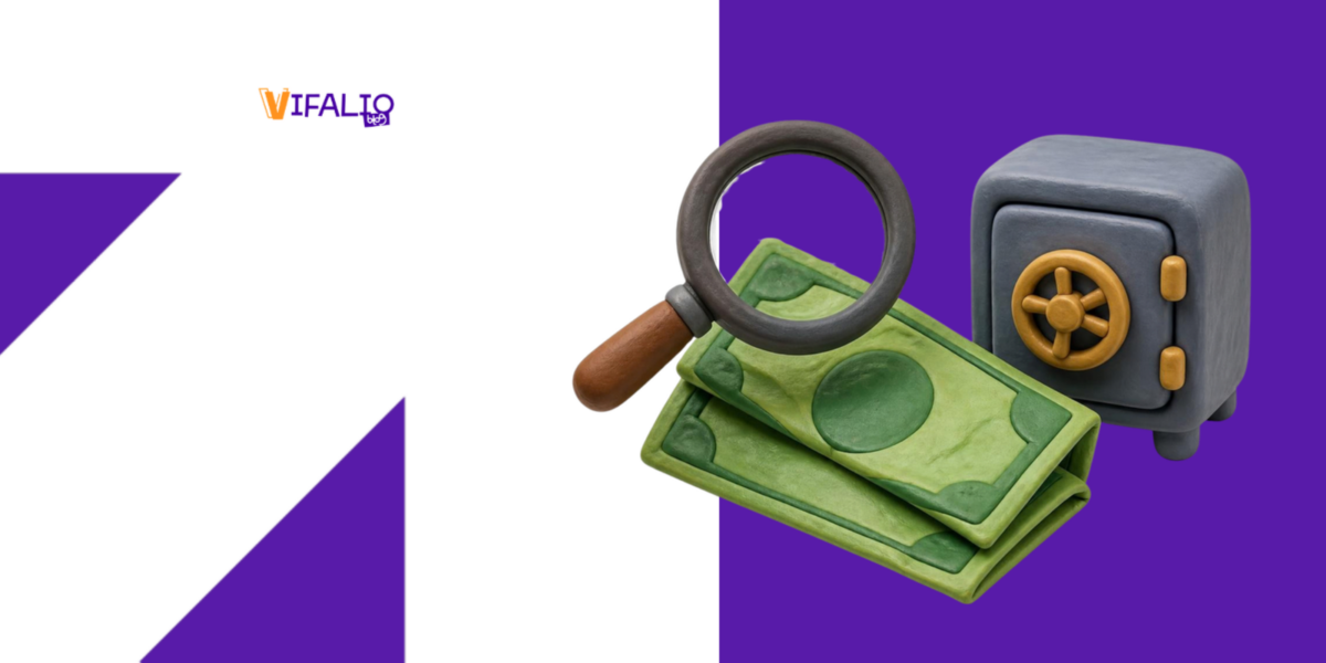 Nota de dólar, lupa e cofre, sobre fundo roxo do Vifalio