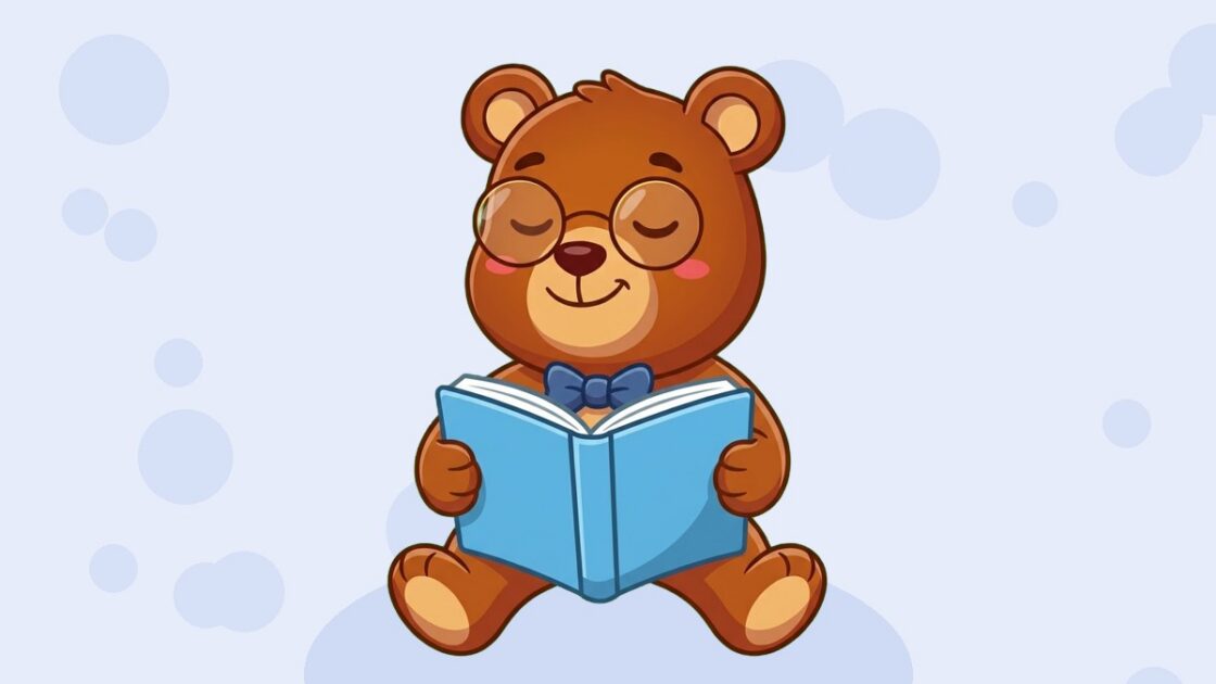 Beto, o urso do curso de leitura, lendo um livro
