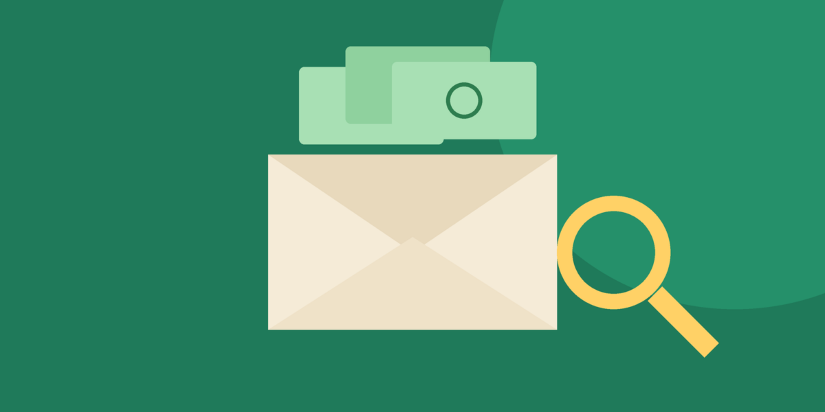 Illustration of an envelope with bills and a magnifying glass