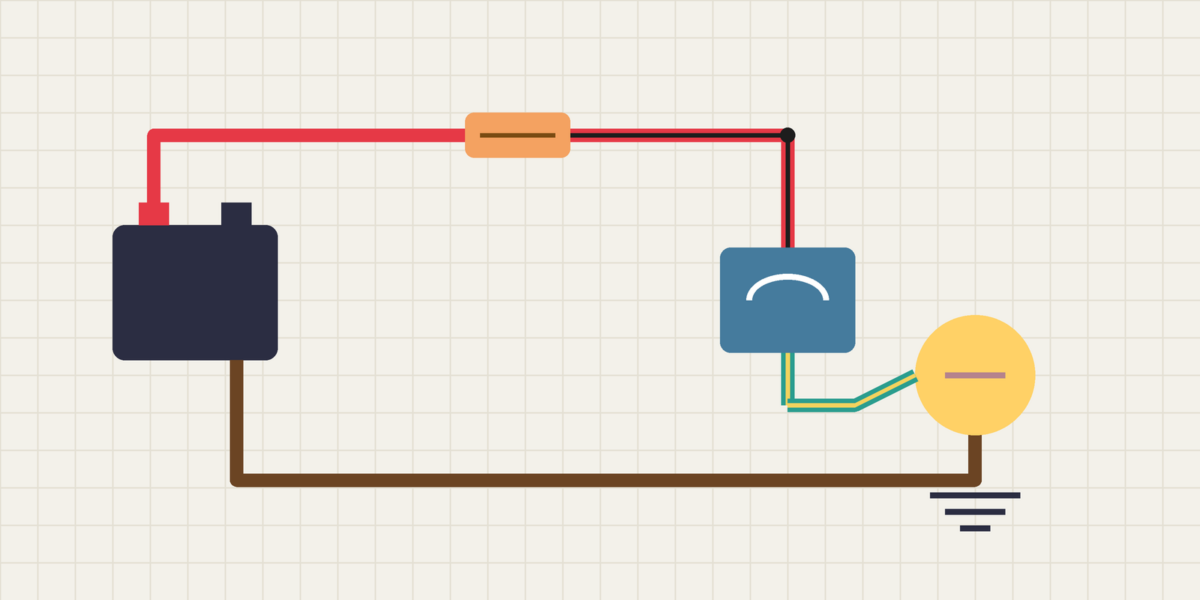 Ilustração de um circuito elétrico com bateria, fusível, relé, lâmpada e massa