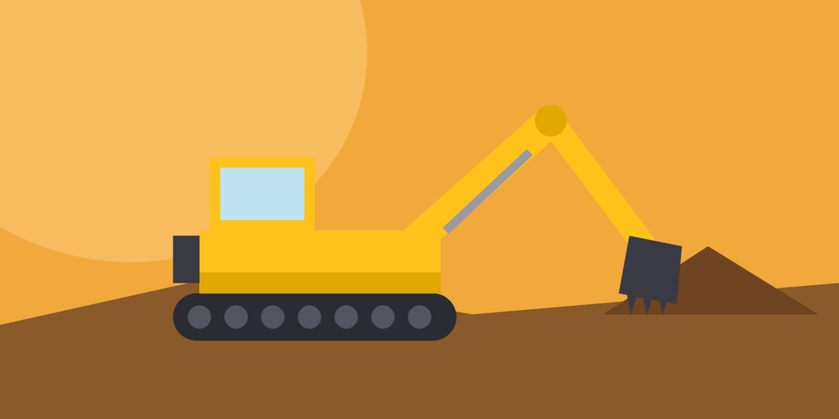 Illustration of a yellow excavator digging at a construction site
