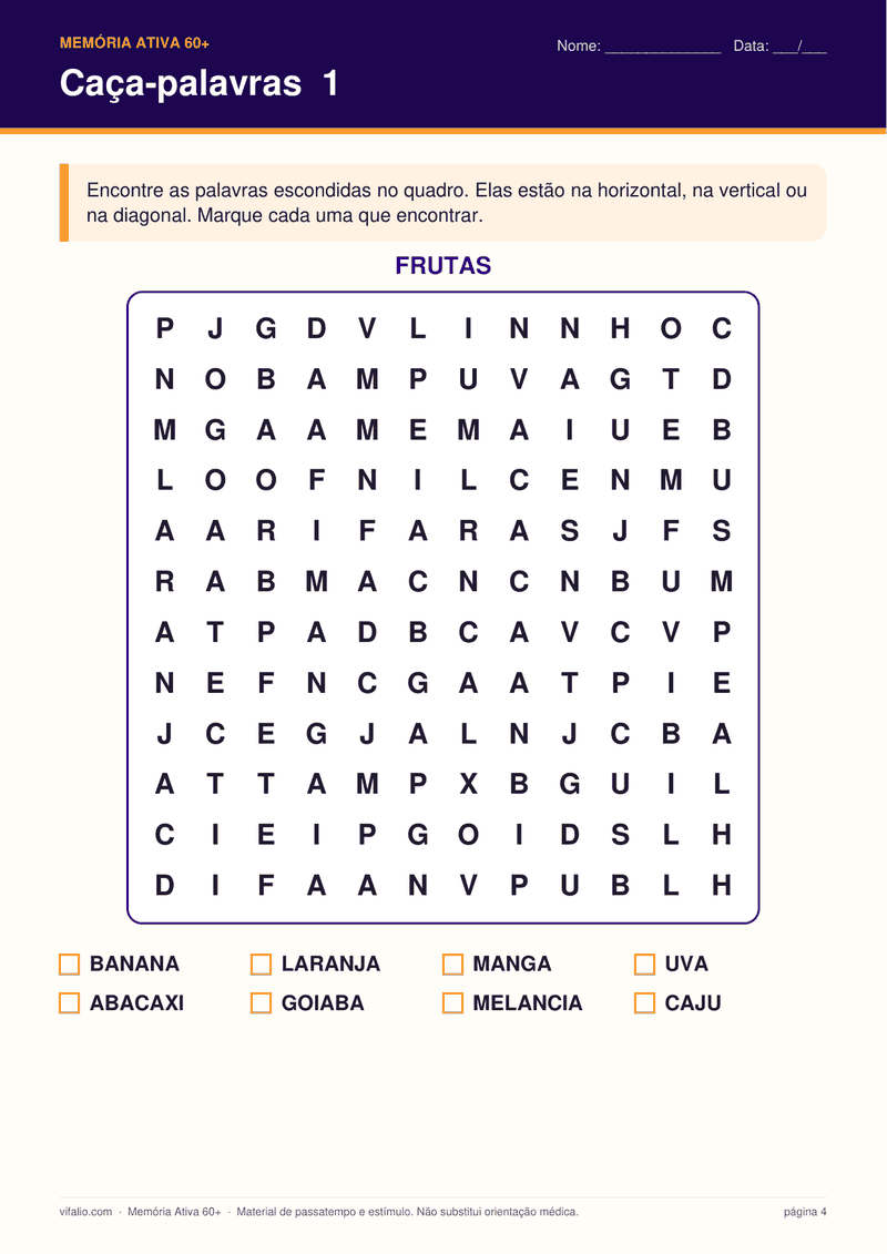Página de caça-palavras do caderno Memória Ativa 60+, com quadro de letras grandes e lista de palavras para marcar