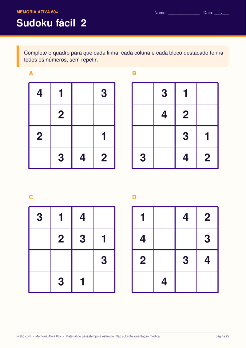 Página de sudoku fácil do caderno Memória Ativa 60+, com quatro quadros de 4 por 4
