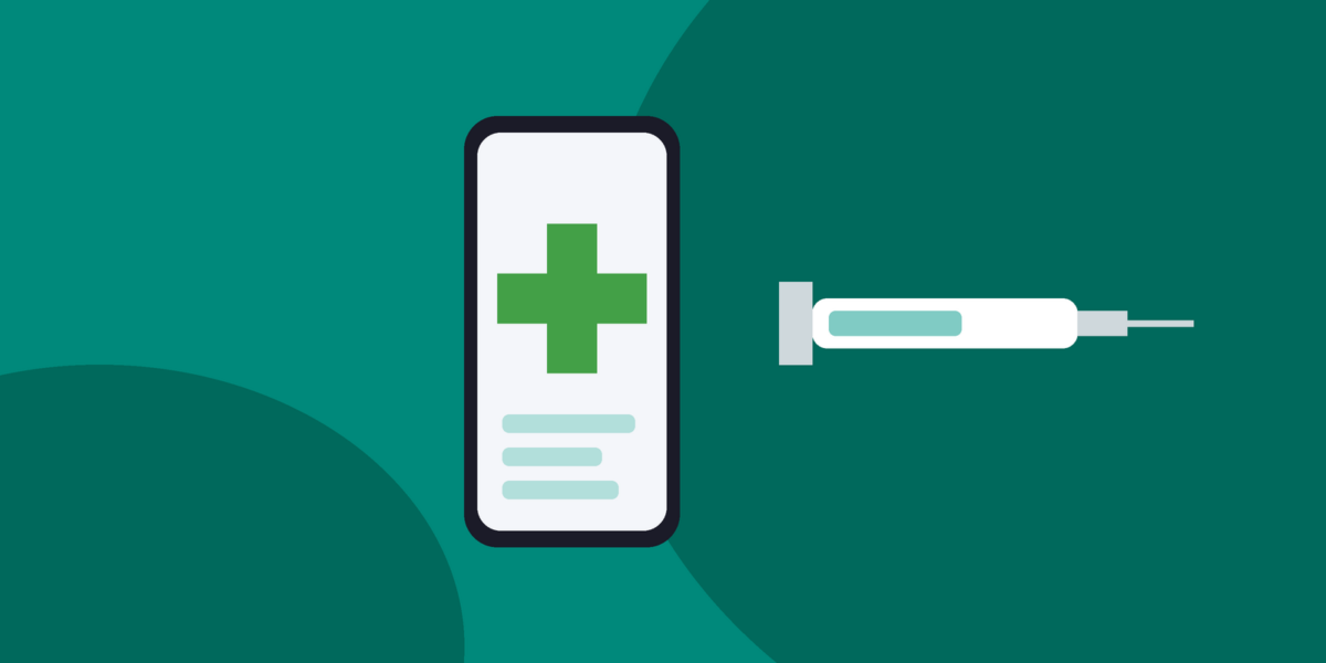 Ilustração de celular com uma cruz verde ao lado de uma seringa