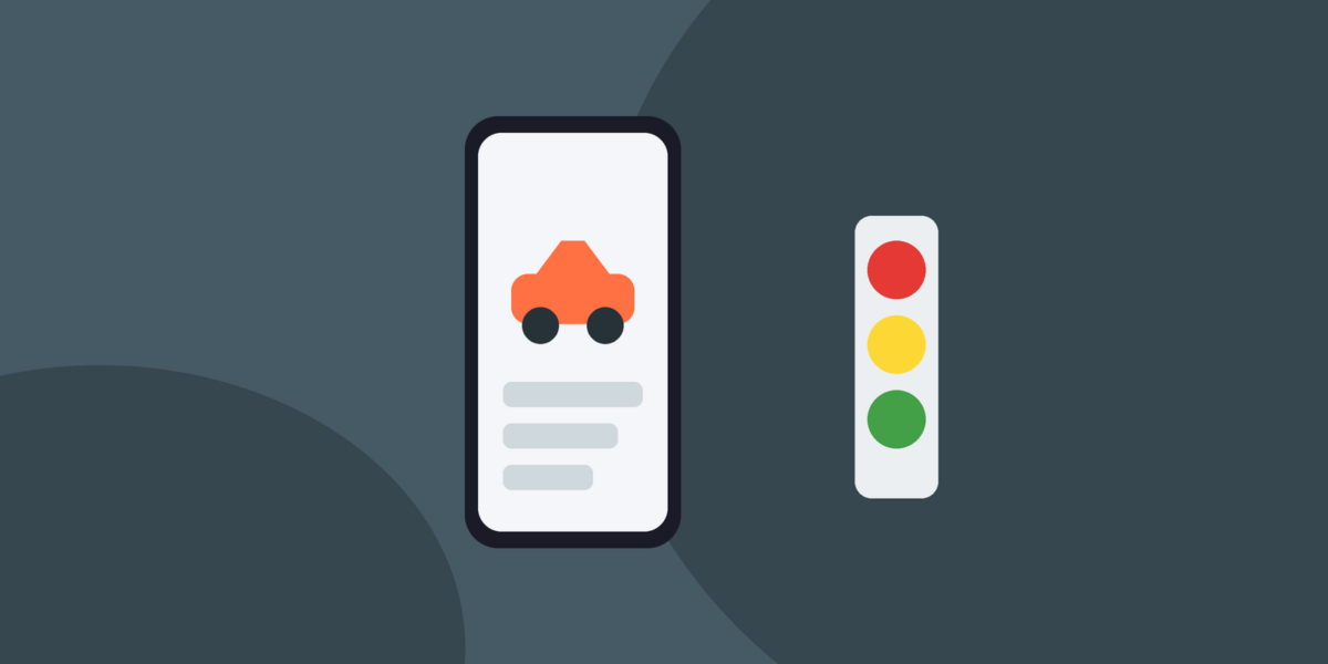 Ilustração de celular com um carro e um semáforo