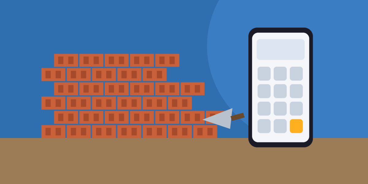 Ilustração de parede de blocos cerâmicos ao lado de um celular com calculadora