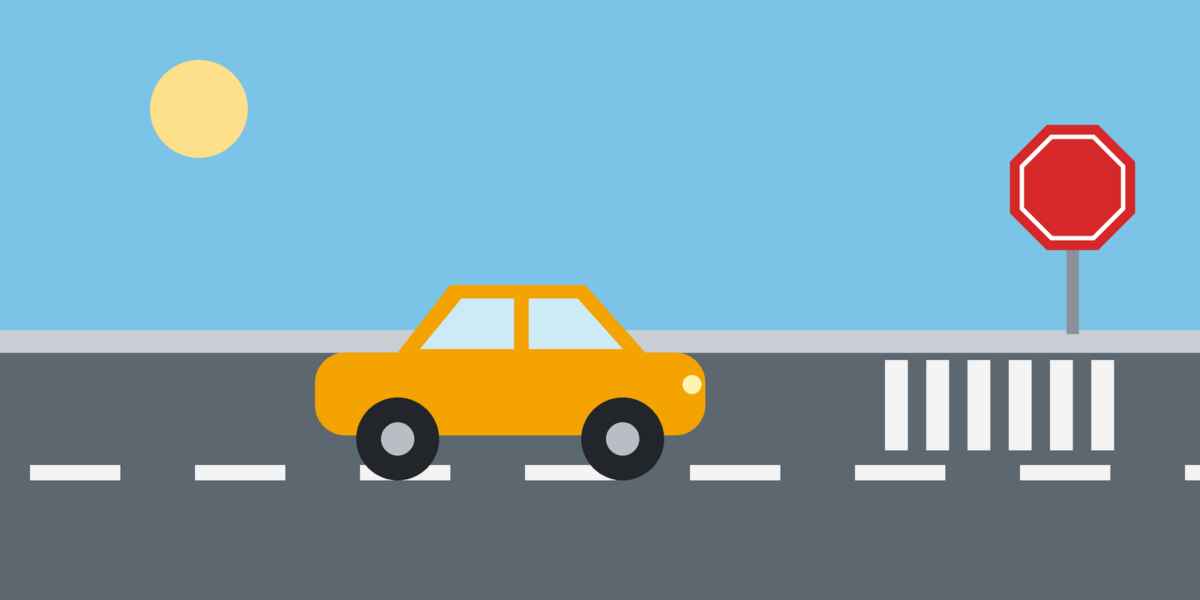 Ilustração de um carro na rua perto de uma faixa de pedestre e uma placa de parada
