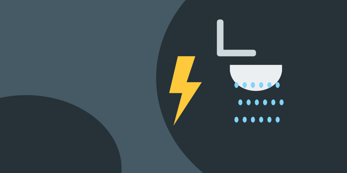 Chuveiro com gotas de água e um raio de alerta