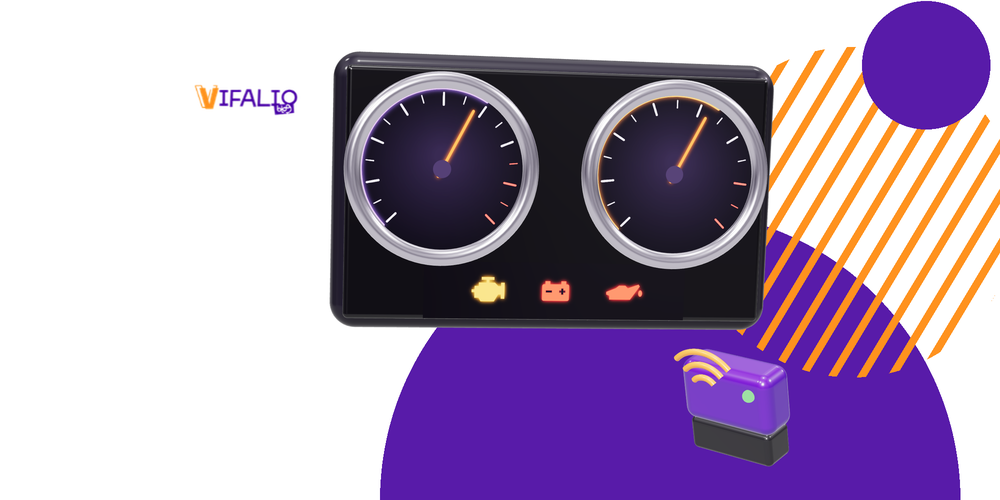 Painel de carro com luzes de aviso e adaptador OBD2